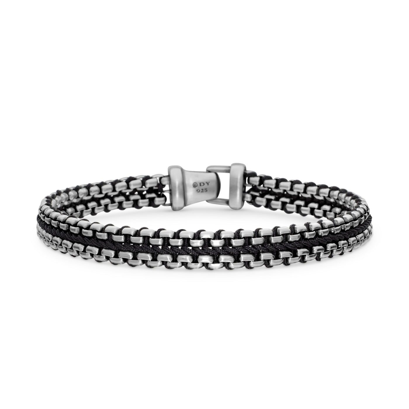 Woven Box Chain Bracelet in Sterling Silver with Black Nylon, 10mm