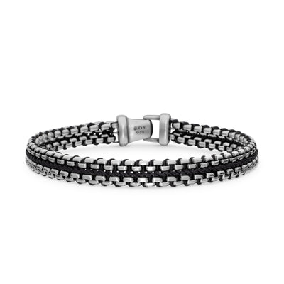 Woven Box Chain Bracelet in Sterling Silver with Black Nylon, 10mm