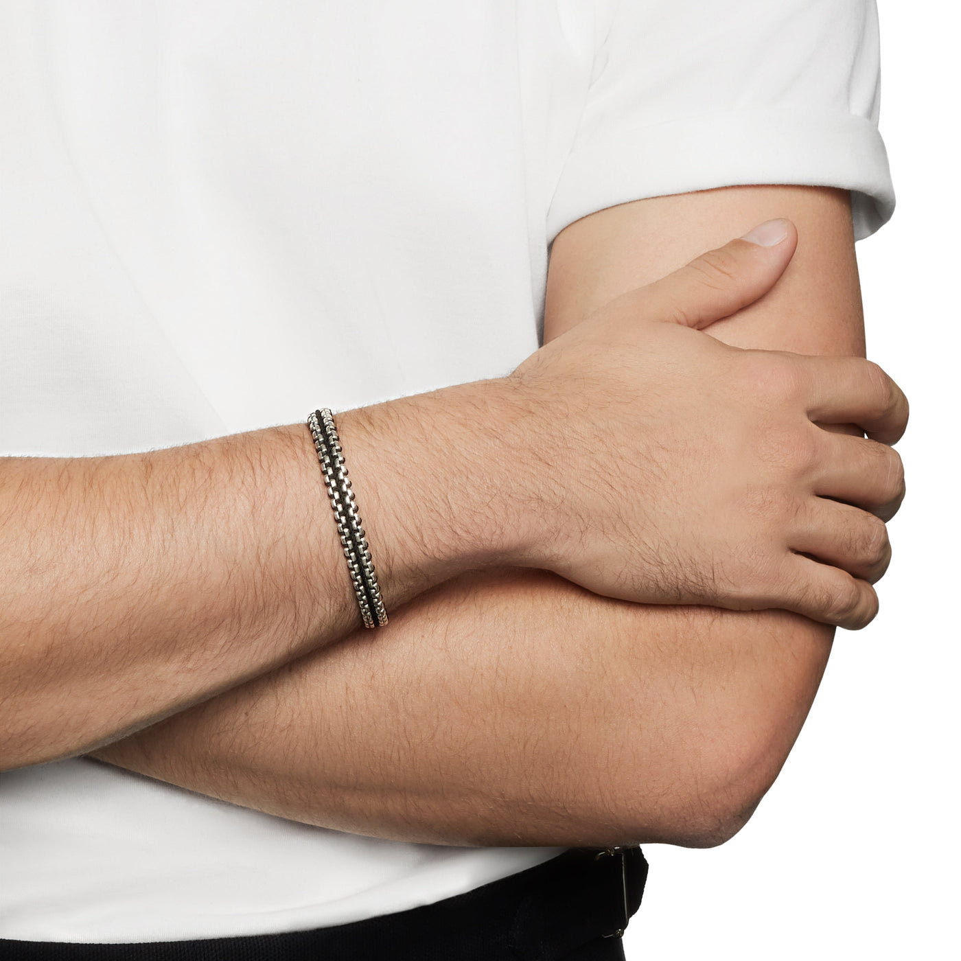 Woven Box Chain Bracelet in Sterling Silver with Black Nylon, 10mm