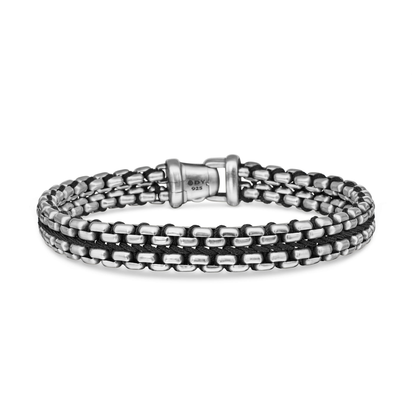 Woven Box Chain Bracelet in Sterling Silver with Black Nylon, 12mm