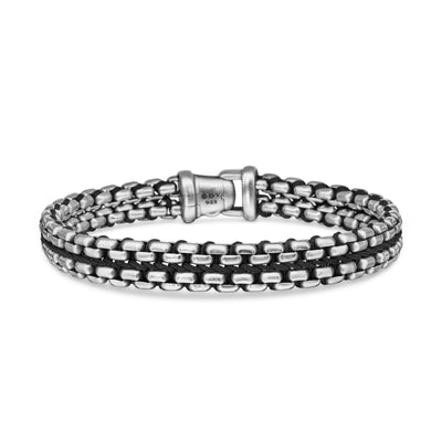 Woven Box Chain Bracelet in Sterling Silver with Black Nylon, 12mm