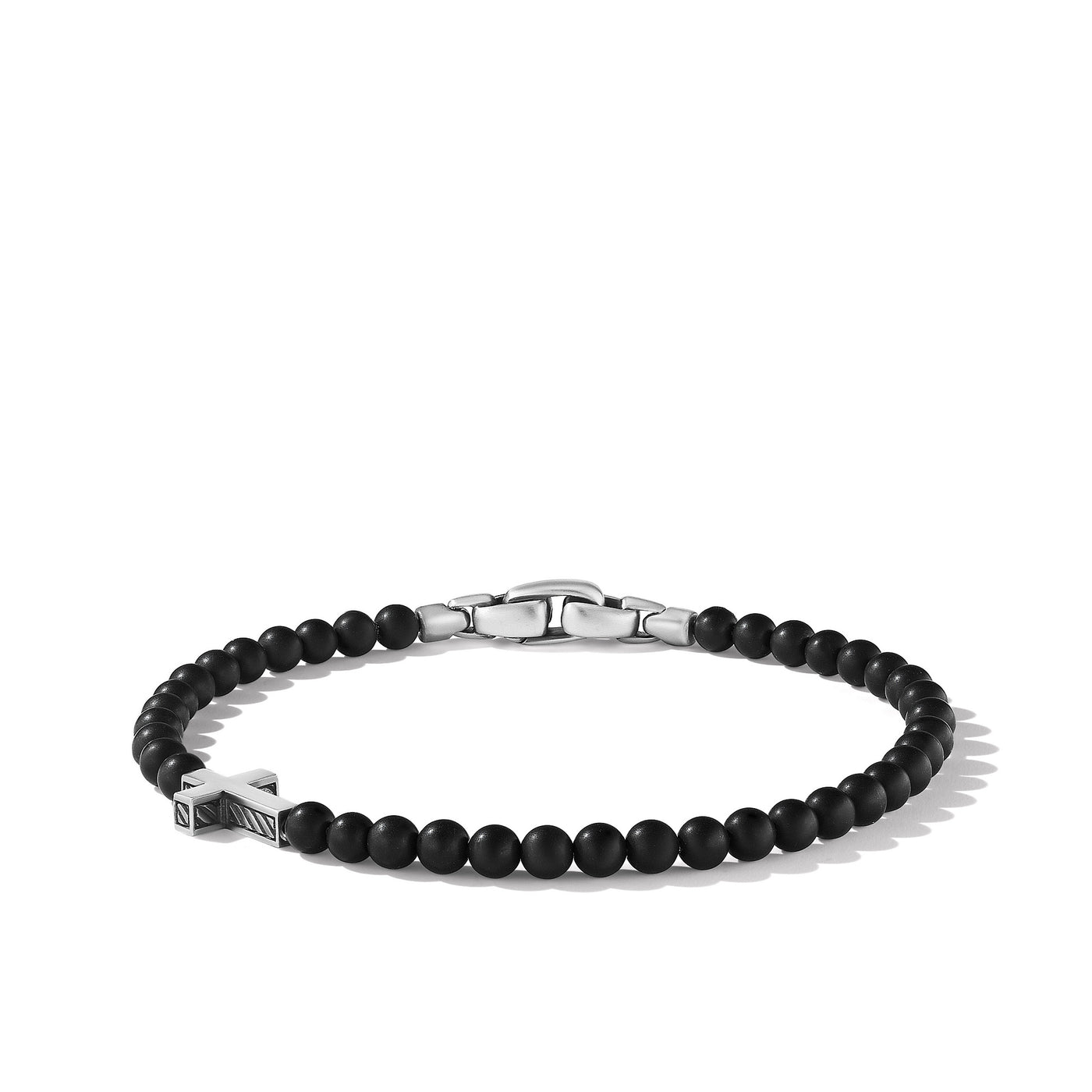 Spiritual Beads Cross Station Bracelet in Sterling Silver with Black Onyx\, 4mm
