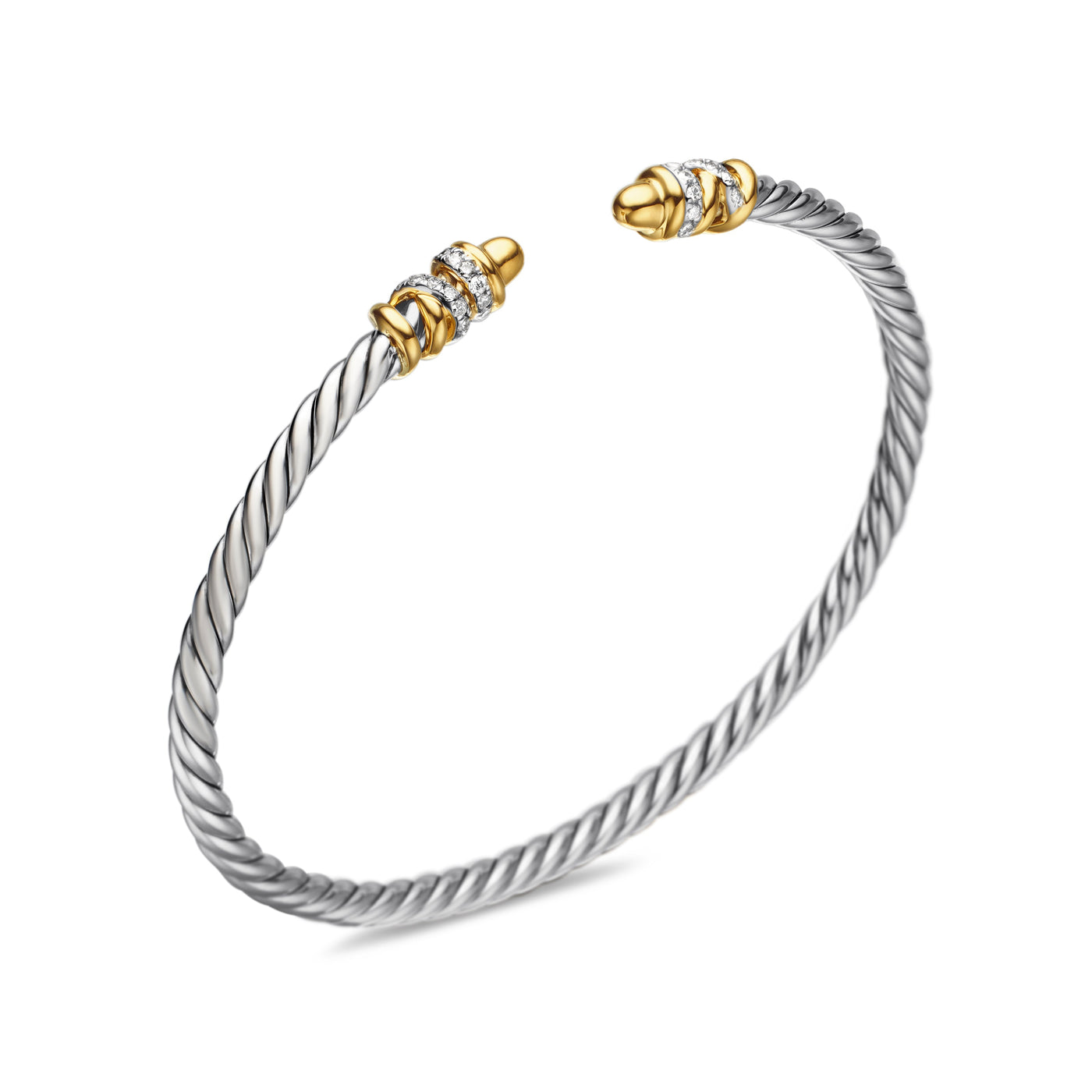 Petite Helena Classic Cable Bracelet in Sterling Silver with 18K Yellow Gold, Gold Domes and Diamonds, 3mm
