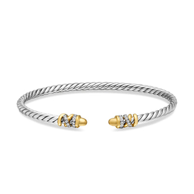Petite Helena Classic Cable Bracelet in Sterling Silver with 18K Yellow Gold, Gold Domes and Diamonds, 3mm