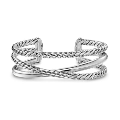 Bold Crossover Three Row Cuff Bracelet in Sterling Silver, 19mm