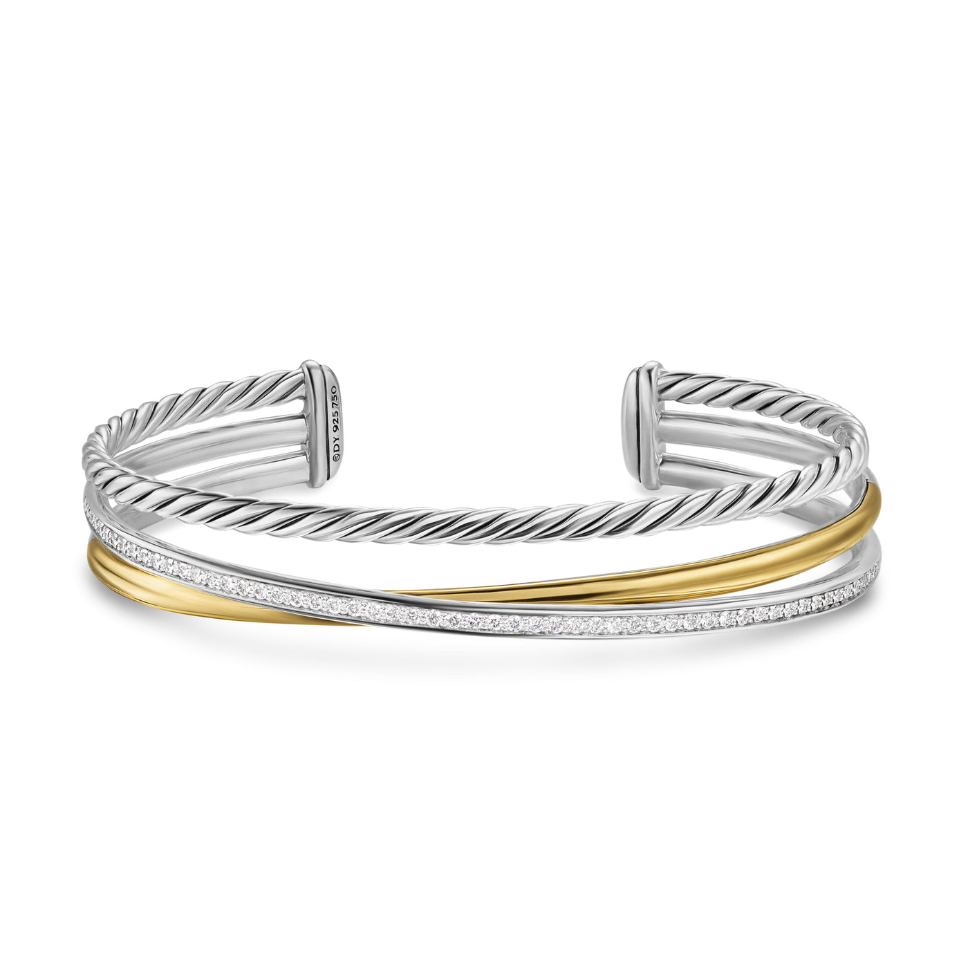 Crossover Three Row Bracelet in Sterling Silver with 18K Yellow Gold and Diamonds, 11mm