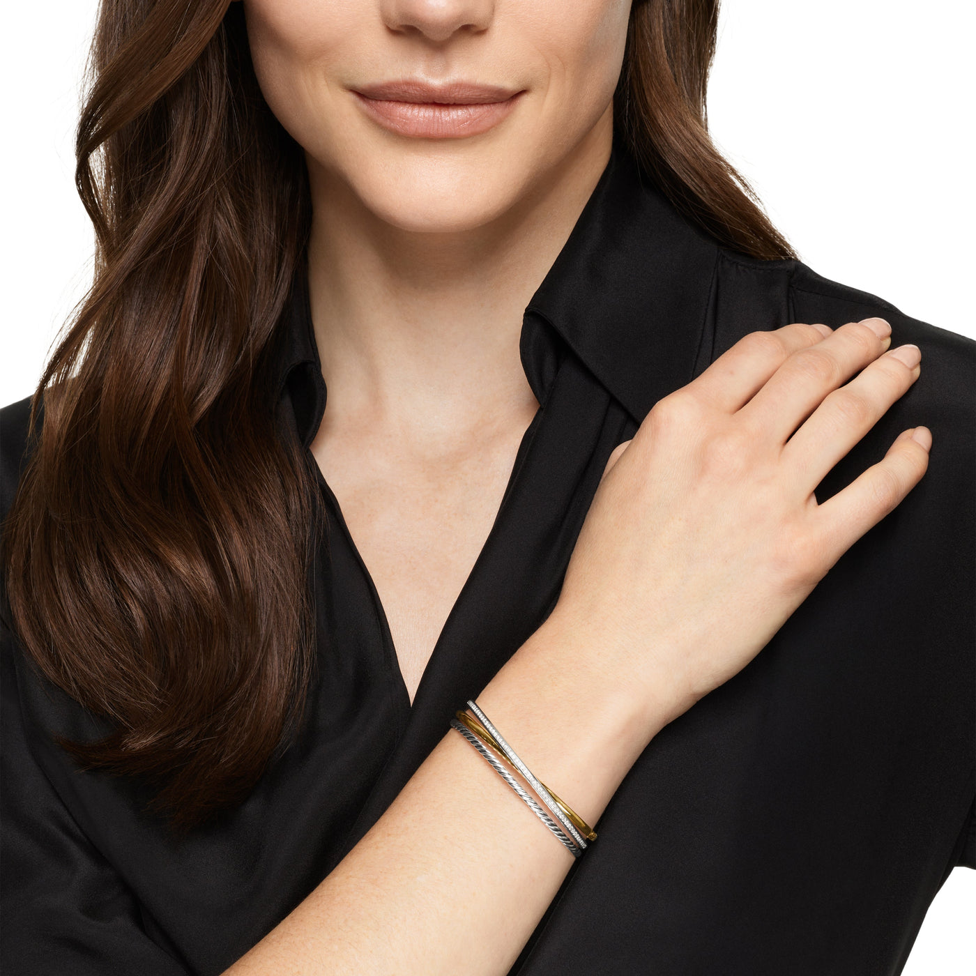 Crossover Three Row Bracelet in Sterling Silver with 18K Yellow Gold and Diamonds, 11mm