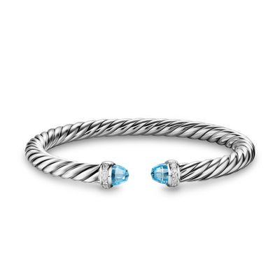 Cable Flex® Bracelet in Sterling Silver with Blue Topaz and Diamonds, 6mm