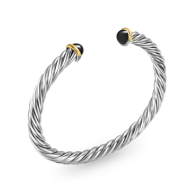Cable Cuff Bracelet in Sterling Silver with 14K Yellow Gold and Black Onyx, 6mm