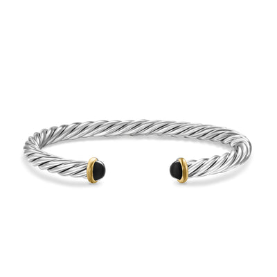 Cable Cuff Bracelet in Sterling Silver with 14K Yellow Gold and Black Onyx, 6mm