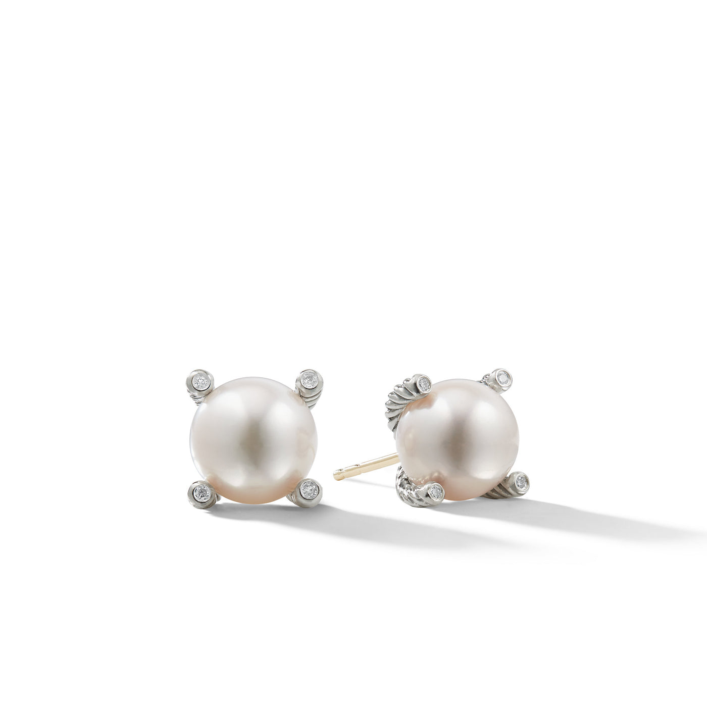 Pearl Stud Earrings in Sterling Silver with Pearls and Diamonds\, 14mm