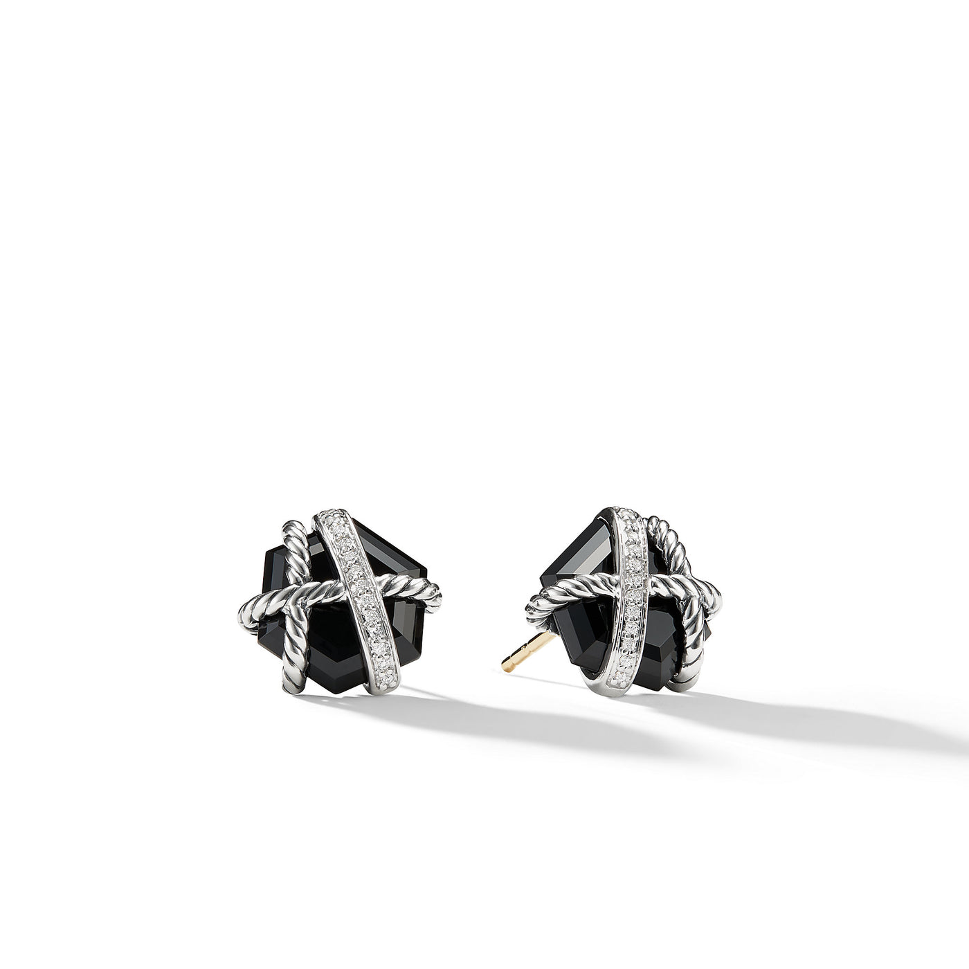 Cable Wrap Stud Earrings in Sterling Silver with Black Onyx and Diamonds\, 11mm