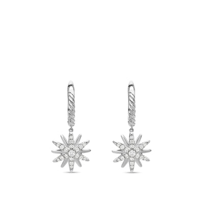 Starburst Drop Earrings in Sterling Silver with Diamonds, 25mm