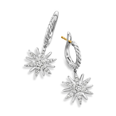 Starburst Drop Earrings in Sterling Silver with Diamonds, 25mm