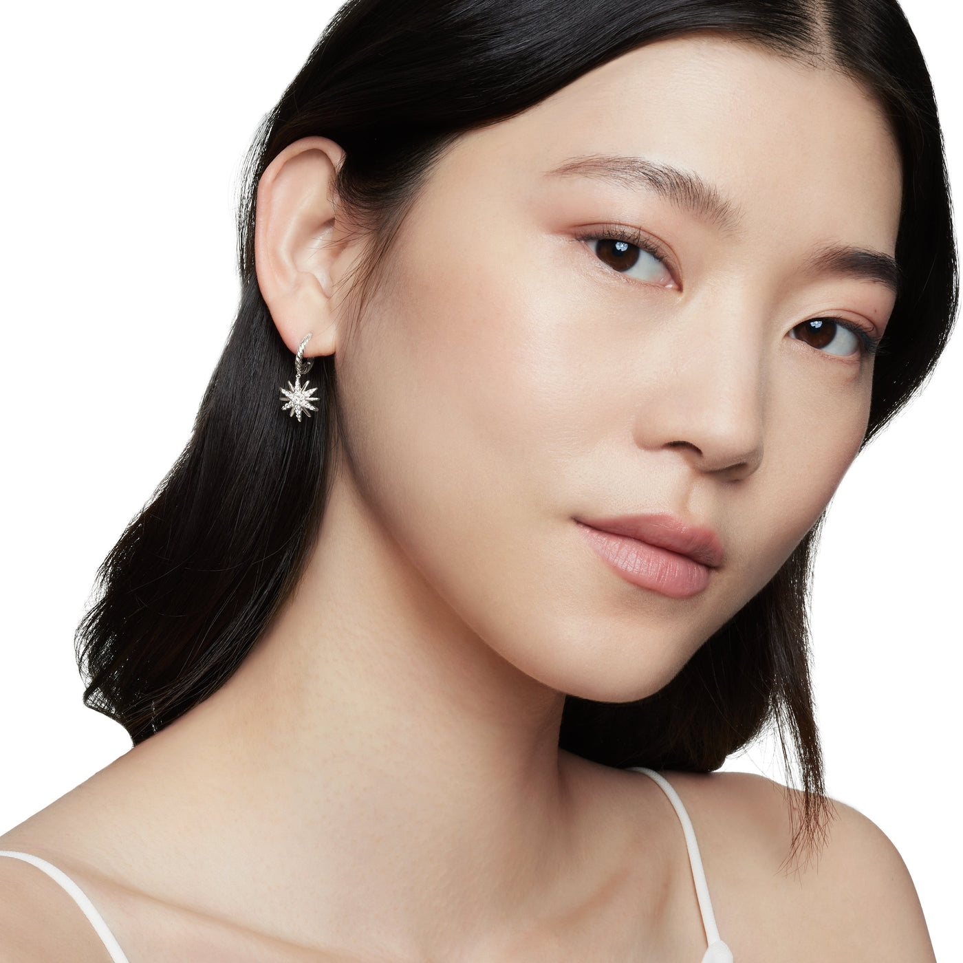 Starburst Drop Earrings in Sterling Silver with Diamonds, 25mm