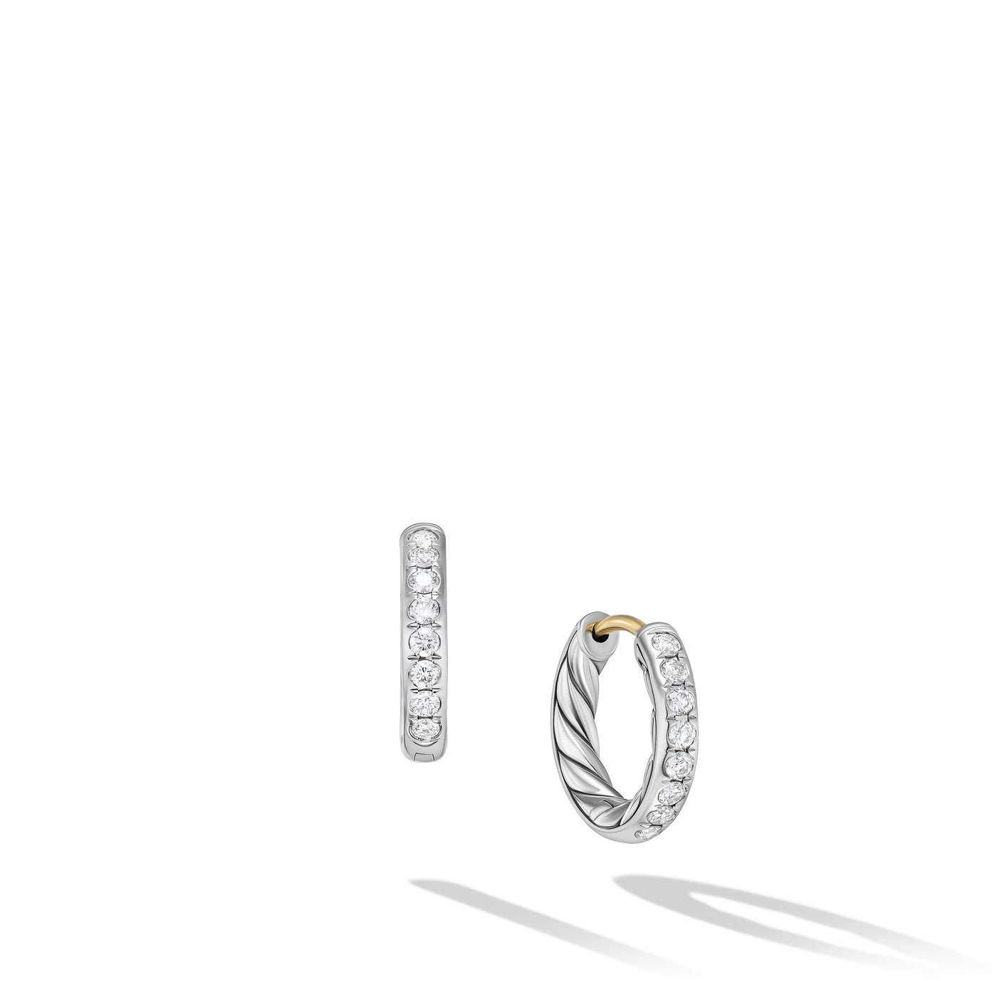 Sculpted Cable Huggie Hoop Earrings in Sterling Silver with Diamonds\, 13mm