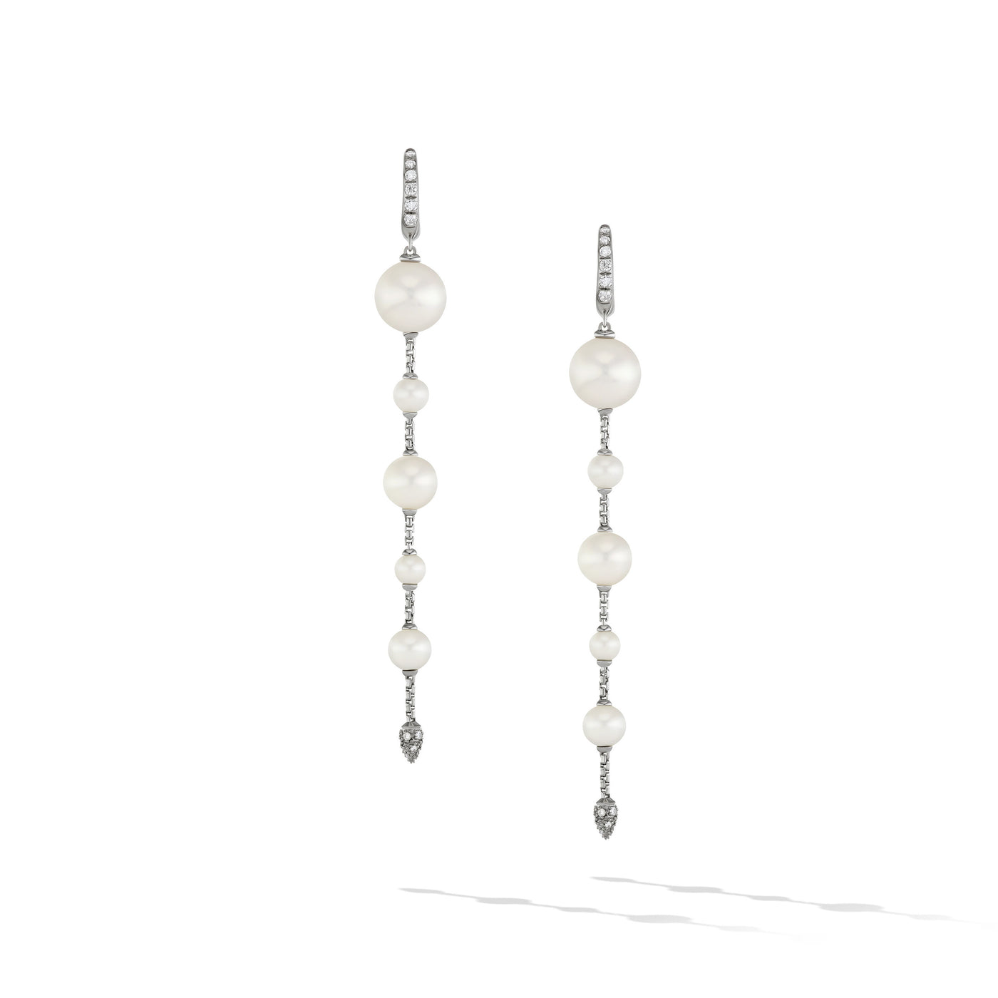 Pearl and Pavé Drop Earrings in Sterling Silver with Pearls and Diamonds\, 3.45in
