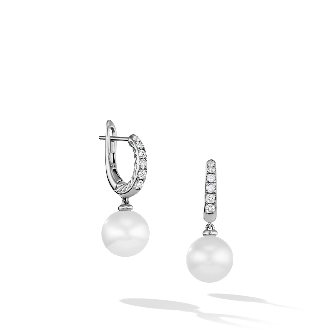 Pearl and Pavé Drop Earrings in Sterling Silver with Pearls and Diamonds\, 15.6mm