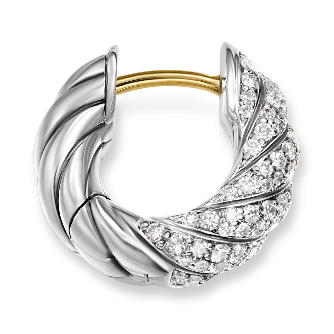 Sculpted Cable Hoop Earrings in Sterling Silver with Diamonds, 14.4mm