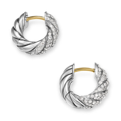 Sculpted Cable Hoop Earrings in Sterling Silver with Diamonds, 14.4mm