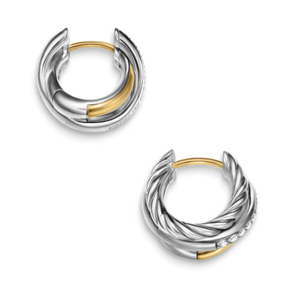 Crossover Three Row Huggie Hoop Earrings in Sterling Silver with 18K Yellow Gold, 13mm