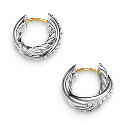 Crossover Huggie Hoop Earrings in Sterling Silver with Diamonds, 12.4mm