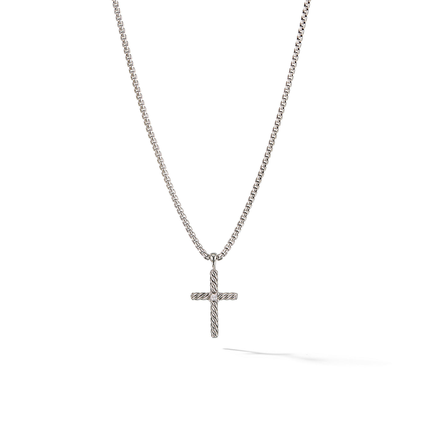 Classic Cable Cross Necklace in Sterling Silver with Center Diamond\, 24.3mm