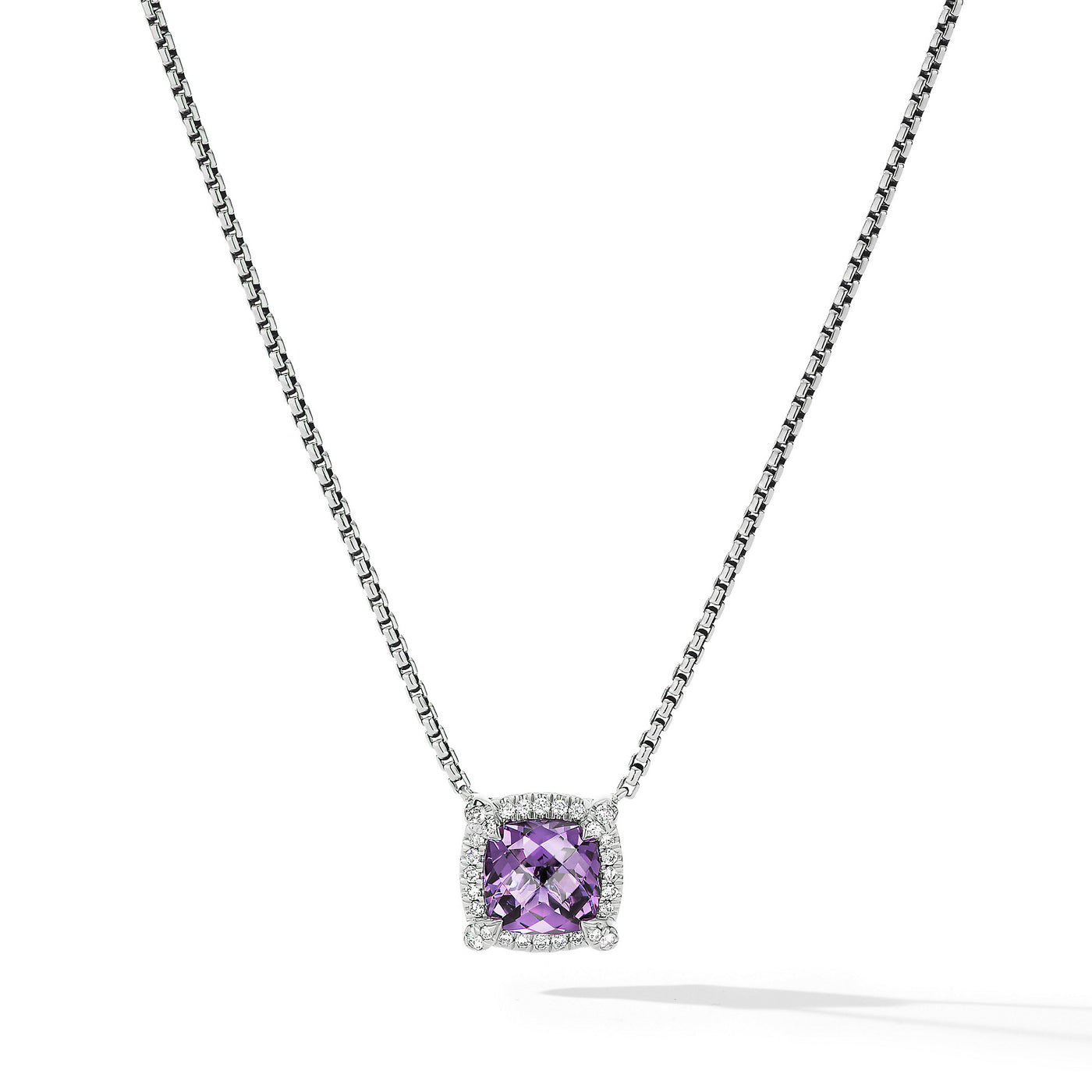 Petite Chatelaine® Pavé Bezel Pendant Necklace in Sterling Silver with Amethyst and Diamonds\, 7mm