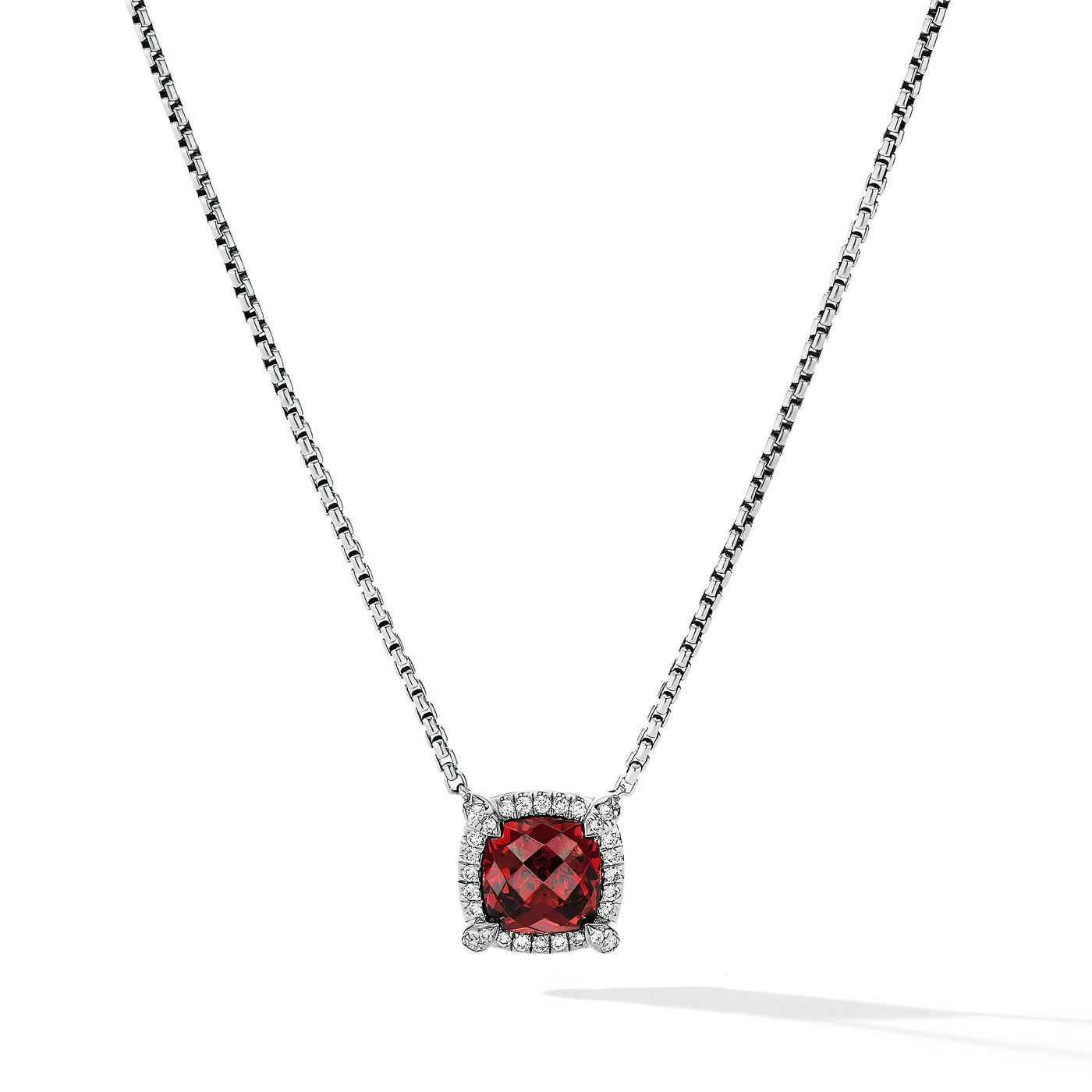Petite Chatelaine® Pavé Bezel Pendant Necklace in Sterling Silver with Rhodolite Garnet and Diamonds\, 7mm