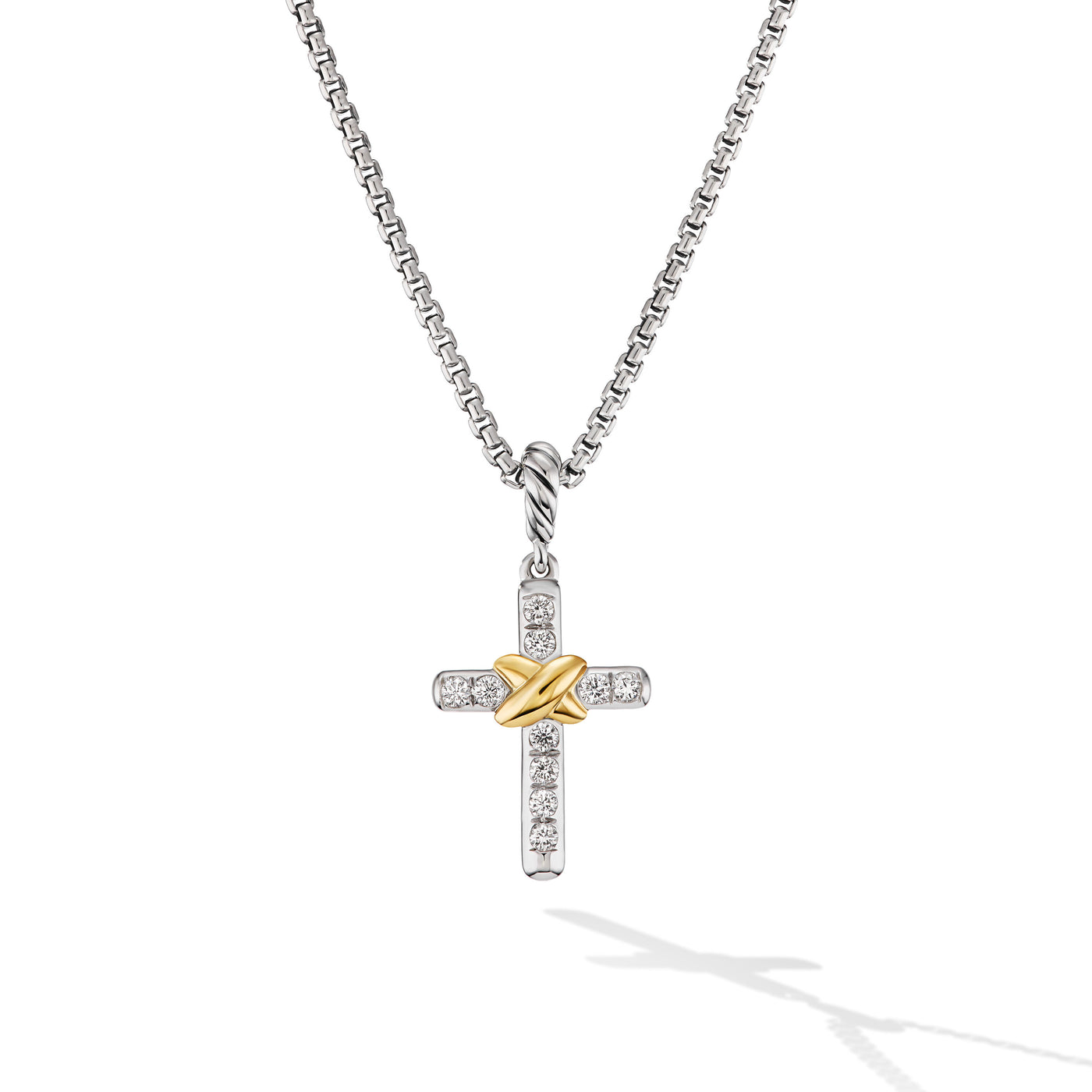 Petite Cross Necklace in Sterling Silver with 18K Yellow Gold with Diamonds\, 20.8mm