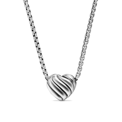 Puffy Heart Pendant Necklace in Sterling Silver with Diamonds, 7.8mm