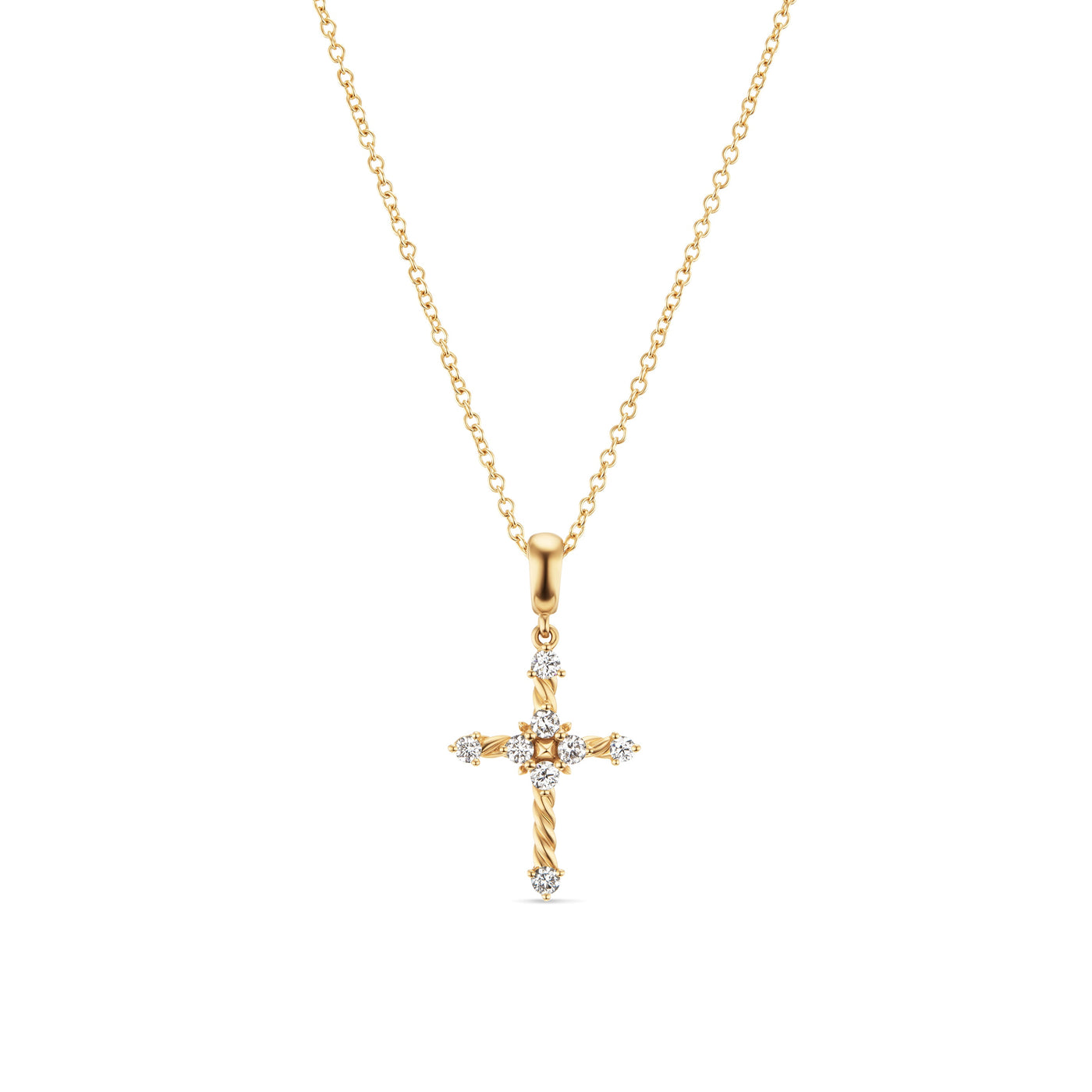 Petite Modern Renaissance Cross Pendant Necklace in 18K Yellow Gold with Diamonds, 22.1mm