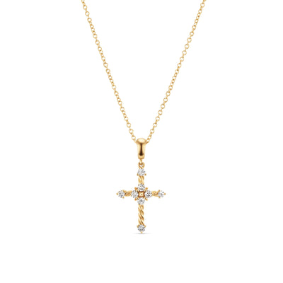 Petite Modern Renaissance Cross Pendant Necklace in 18K Yellow Gold with Diamonds, 22.1mm