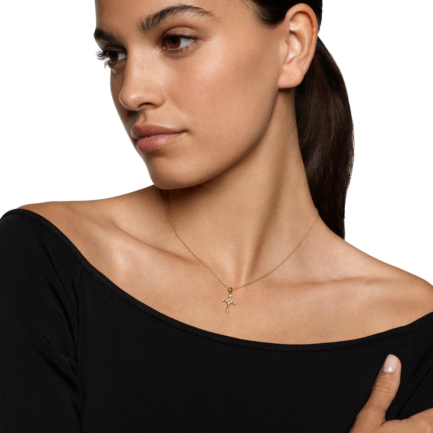 Petite Modern Renaissance Cross Pendant Necklace in 18K Yellow Gold with Diamonds, 22.1mm