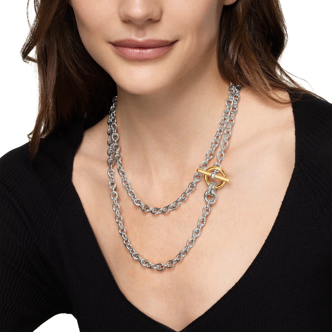 DY Mercer® Double Row Toggle Chain Necklace in Sterling Silver with 18K Yellow Gold and Diamonds, 8mm