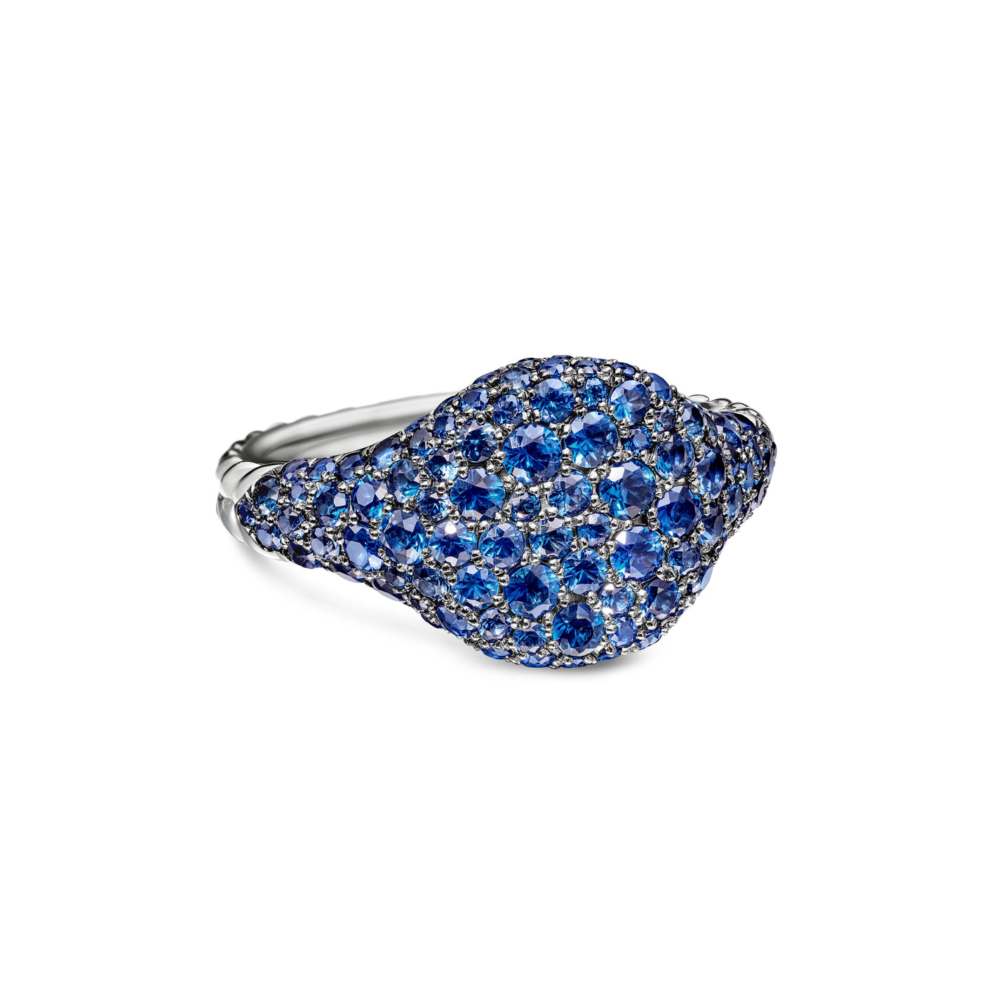 Chevron Pinky Ring in 18K White Gold with Pavé Sapphires, 10mm