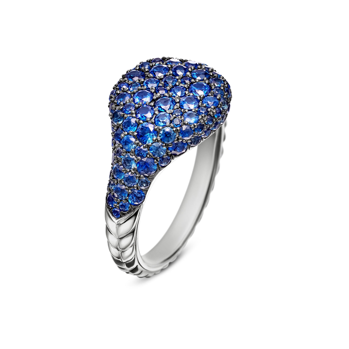 Chevron Pinky Ring in 18K White Gold with Pavé Sapphires, 10mm