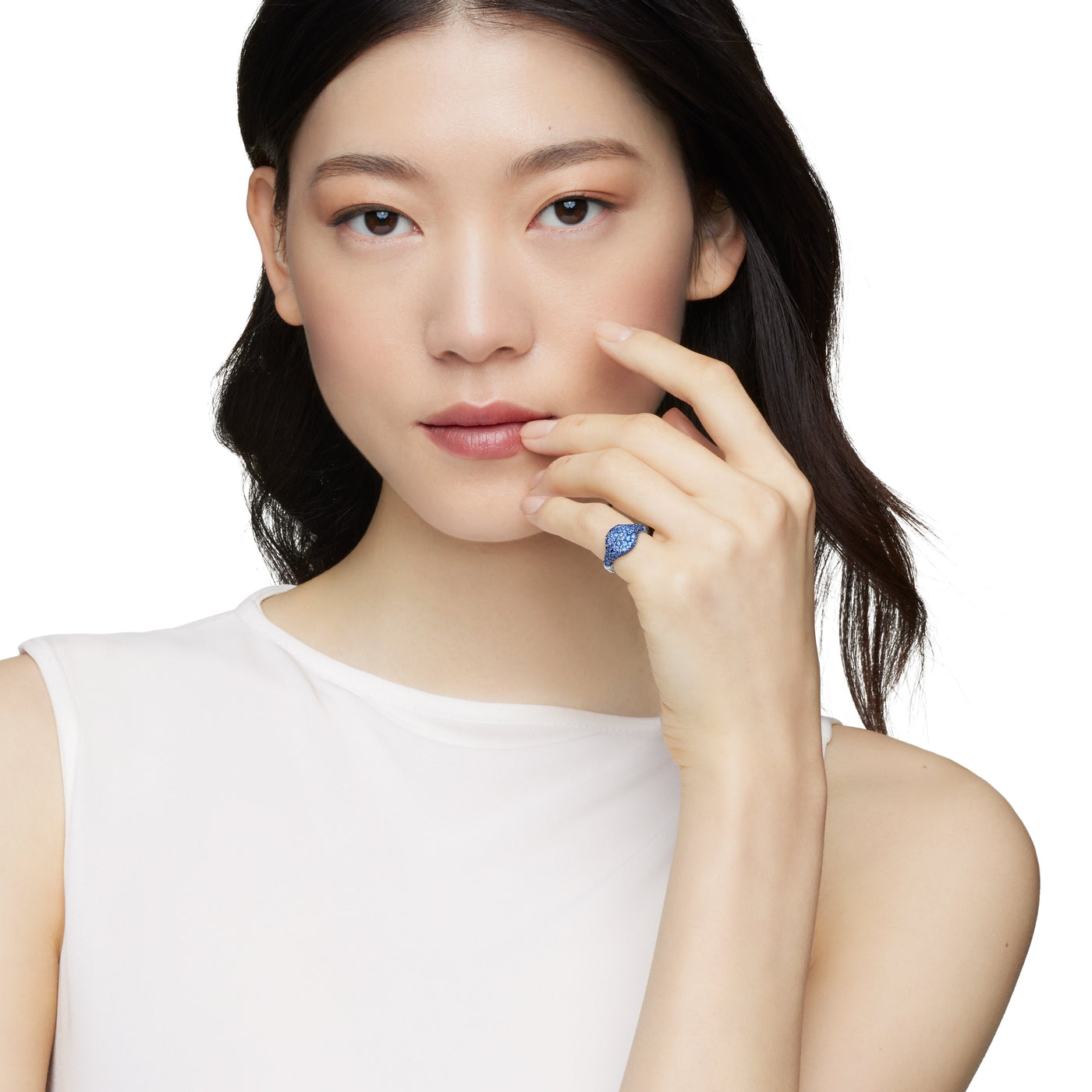 Chevron Pinky Ring in 18K White Gold with Pavé Sapphires, 10mm