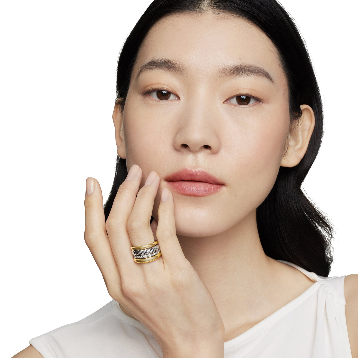 DY Mercer® Multi Row Ring in Sterling Silver with 18K Yellow Gold and Diamonds, 14mm