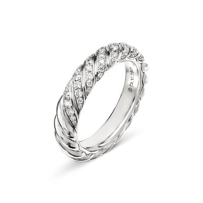 Sculpted Cable Band Ring in 18K White Gold with Diamonds, 4.6mm