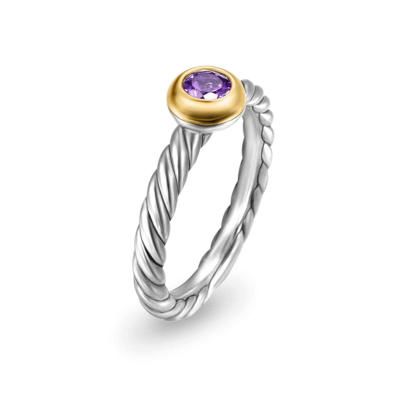 Petite Cable Ring in Sterling Silver with 14K Yellow Gold and Amethyst, 2.8mm