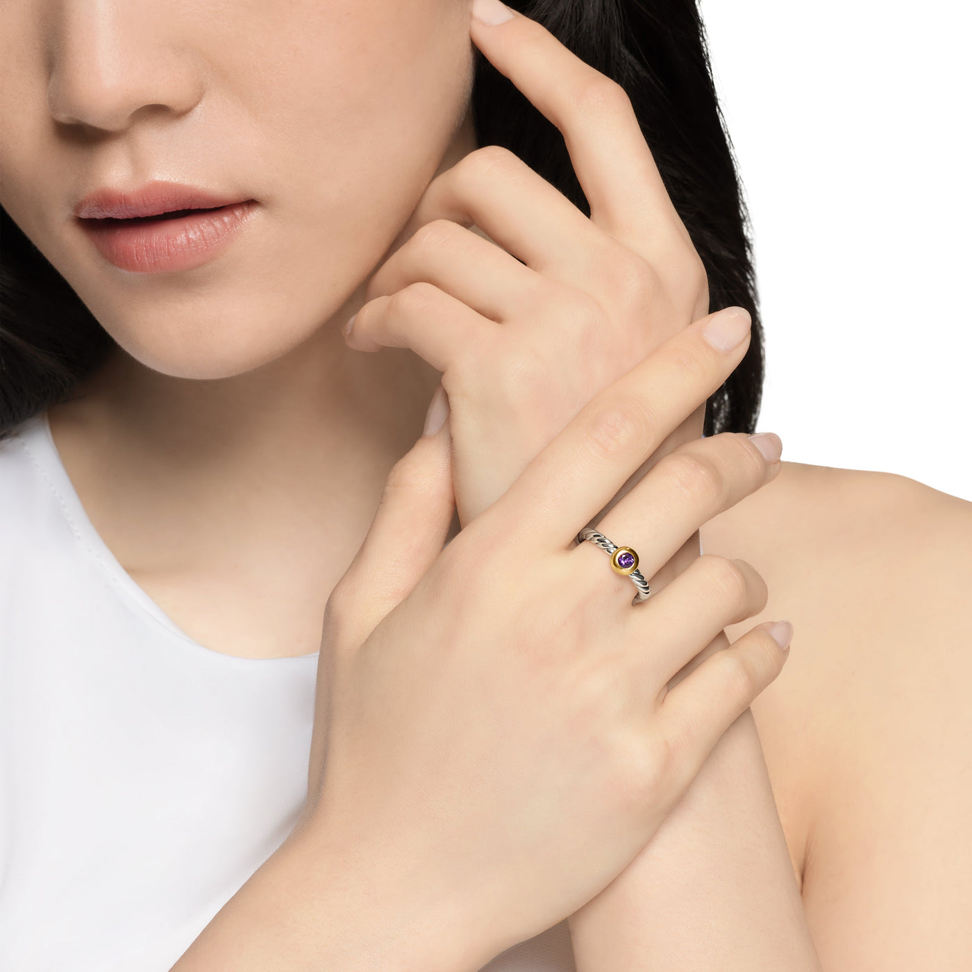Petite Cable Ring in Sterling Silver with 14K Yellow Gold and Amethyst, 2.8mm