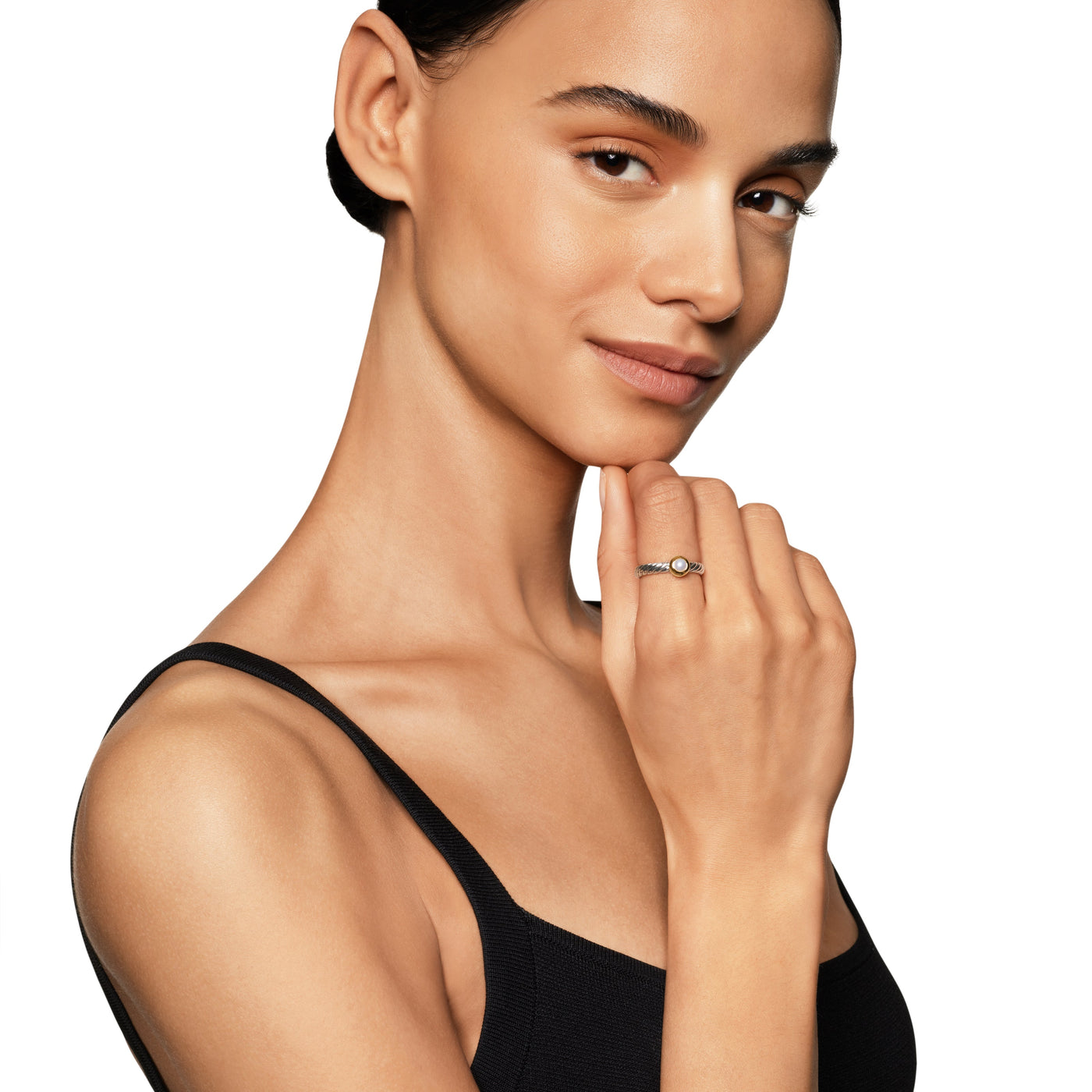 Petite Cable Ring in Sterling Silver with 14K Yellow Gold and Pearl, 2.8mm