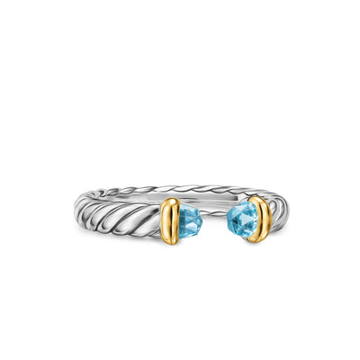 Petite Cable Open Ring in Sterling Silver with 14K Yellow Gold and Blue Topaz, 3.4mm