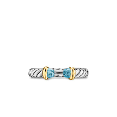 Petite Cable Open Ring in Sterling Silver with 14K Yellow Gold and Blue Topaz, 3.4mm