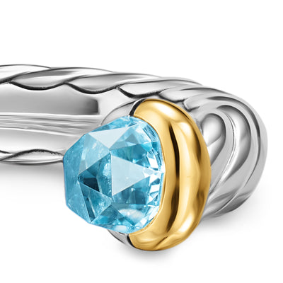 Petite Cable Open Ring in Sterling Silver with 14K Yellow Gold and Blue Topaz, 3.4mm