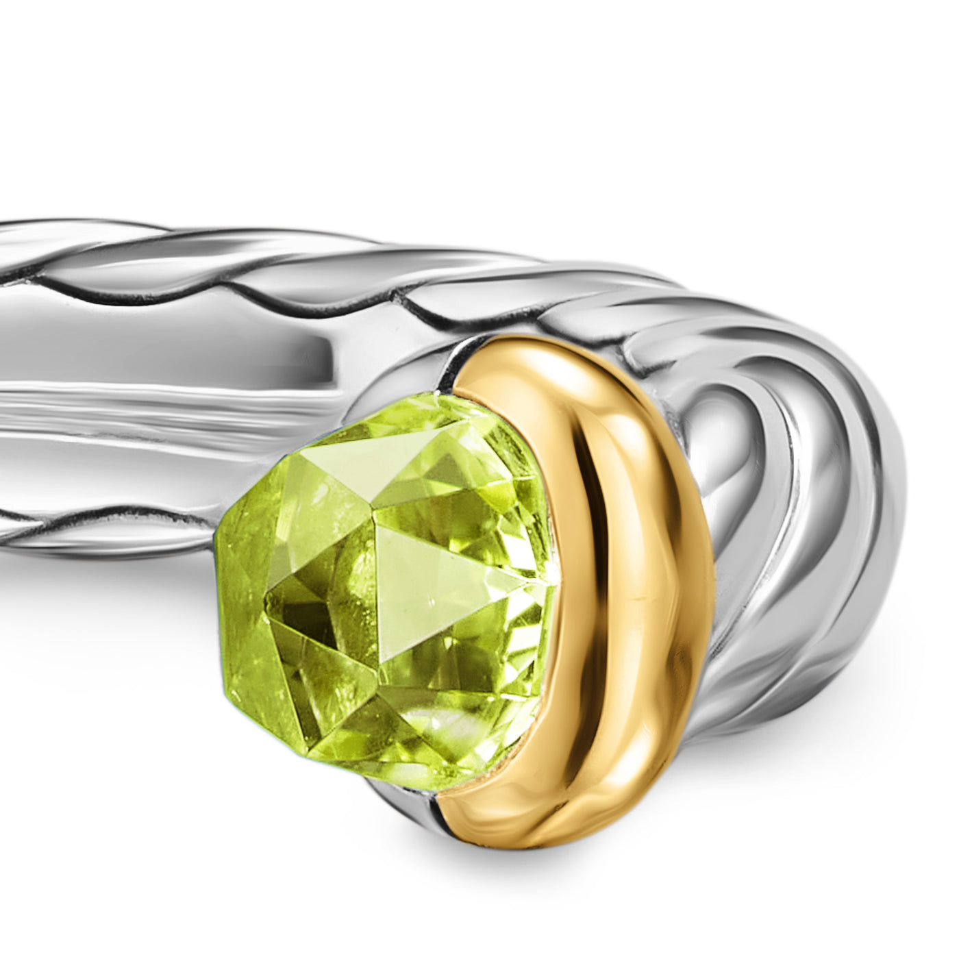Petite Cable Open Ring in Sterling Silver with 14K Yellow Gold and Peridot, 3.4mm