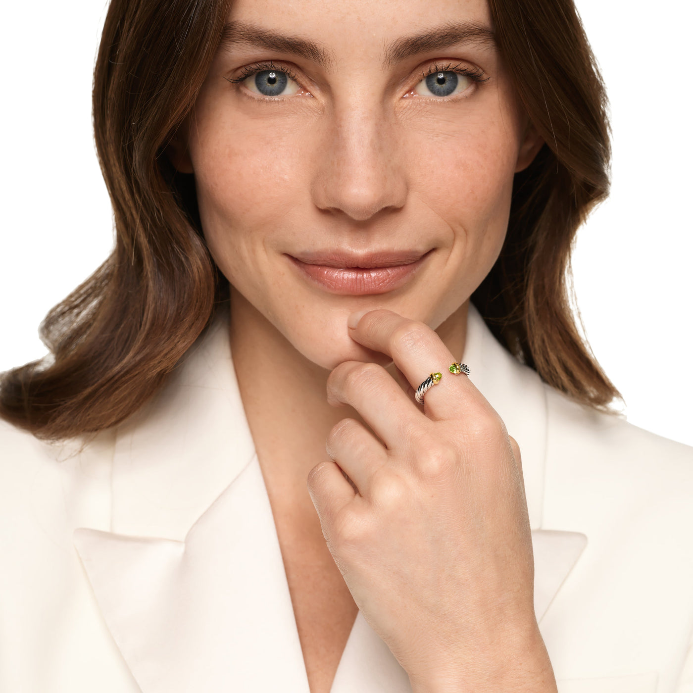 Petite Cable Open Ring in Sterling Silver with 14K Yellow Gold and Peridot, 3.4mm