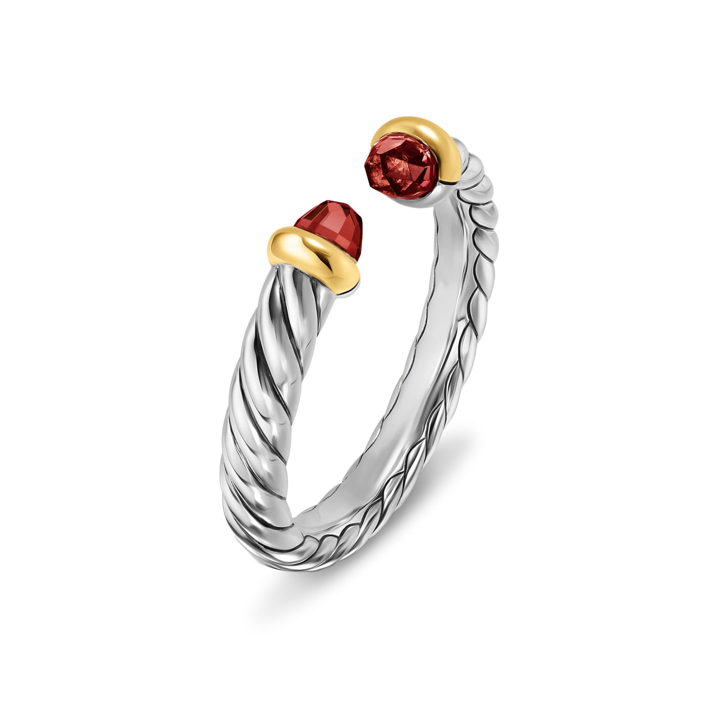 Petite Cable Open Ring in Sterling Silver with 14K Yellow Gold and Rhodolite Garnet, 3.4mm