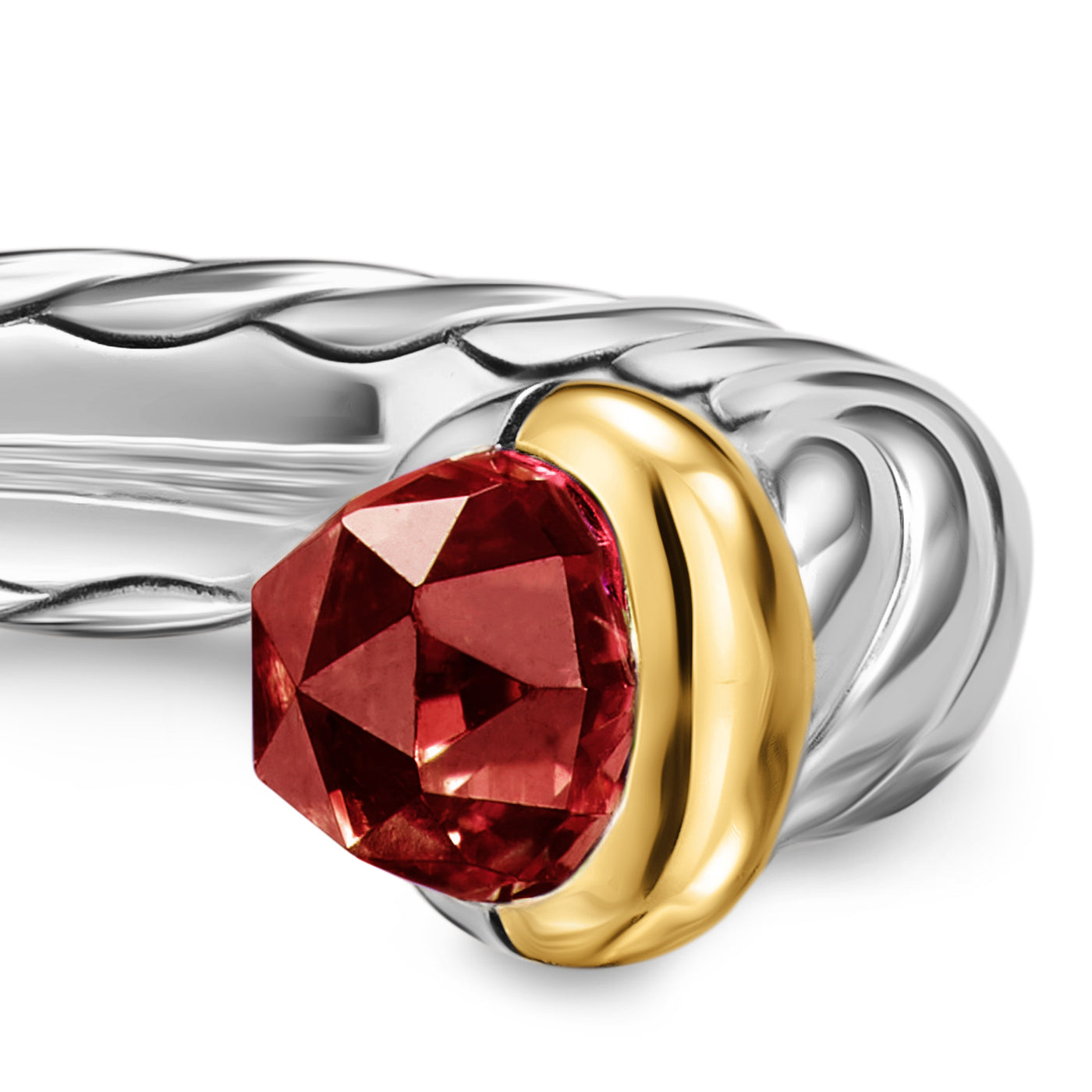 Petite Cable Open Ring in Sterling Silver with 14K Yellow Gold and Rhodolite Garnet, 3.4mm